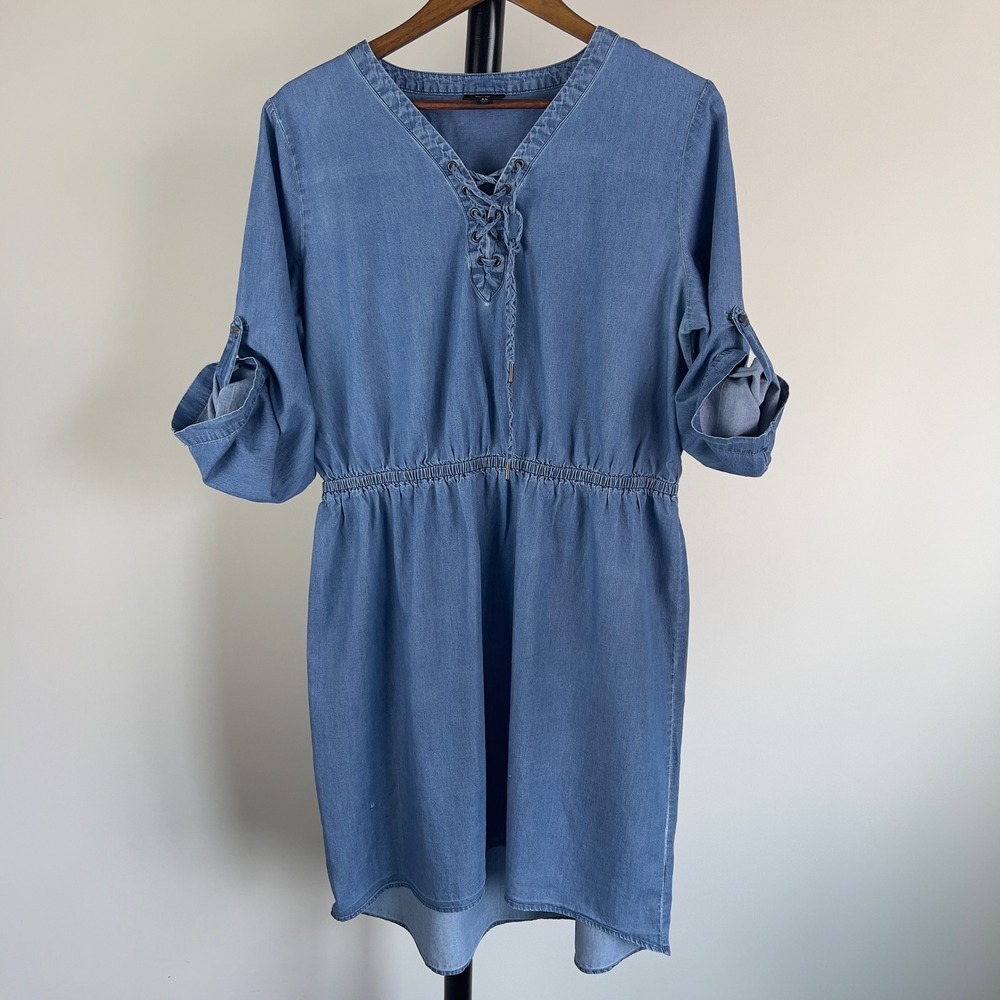 Mossimo Supply Co Blue Chambray Lace Up V-Neck Dress XL High Low Roll Tab Sleeve